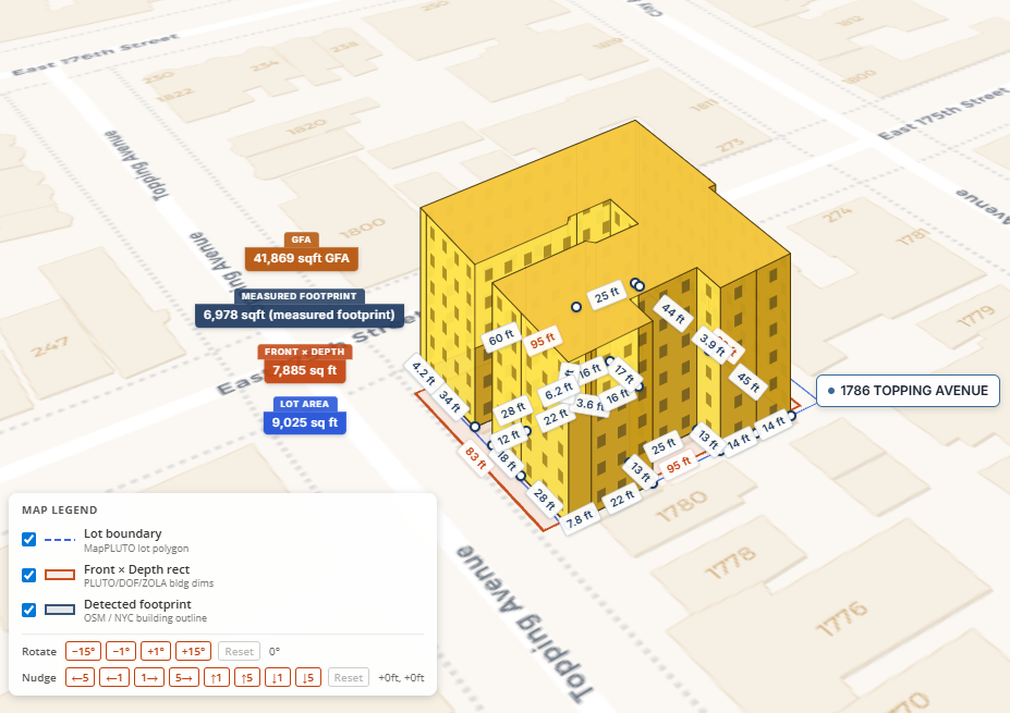 EnergiDash GFA report with aerial imagery and building measurements for LL97 compliance