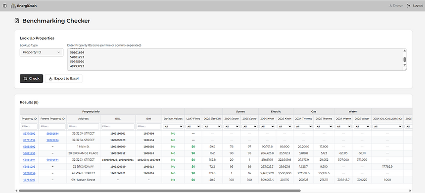 EnergiDash benchmarking checker bulk review tool for pre-filing validation