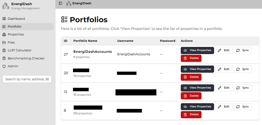 EnergiDash ESPM multi-portfolio connection interface